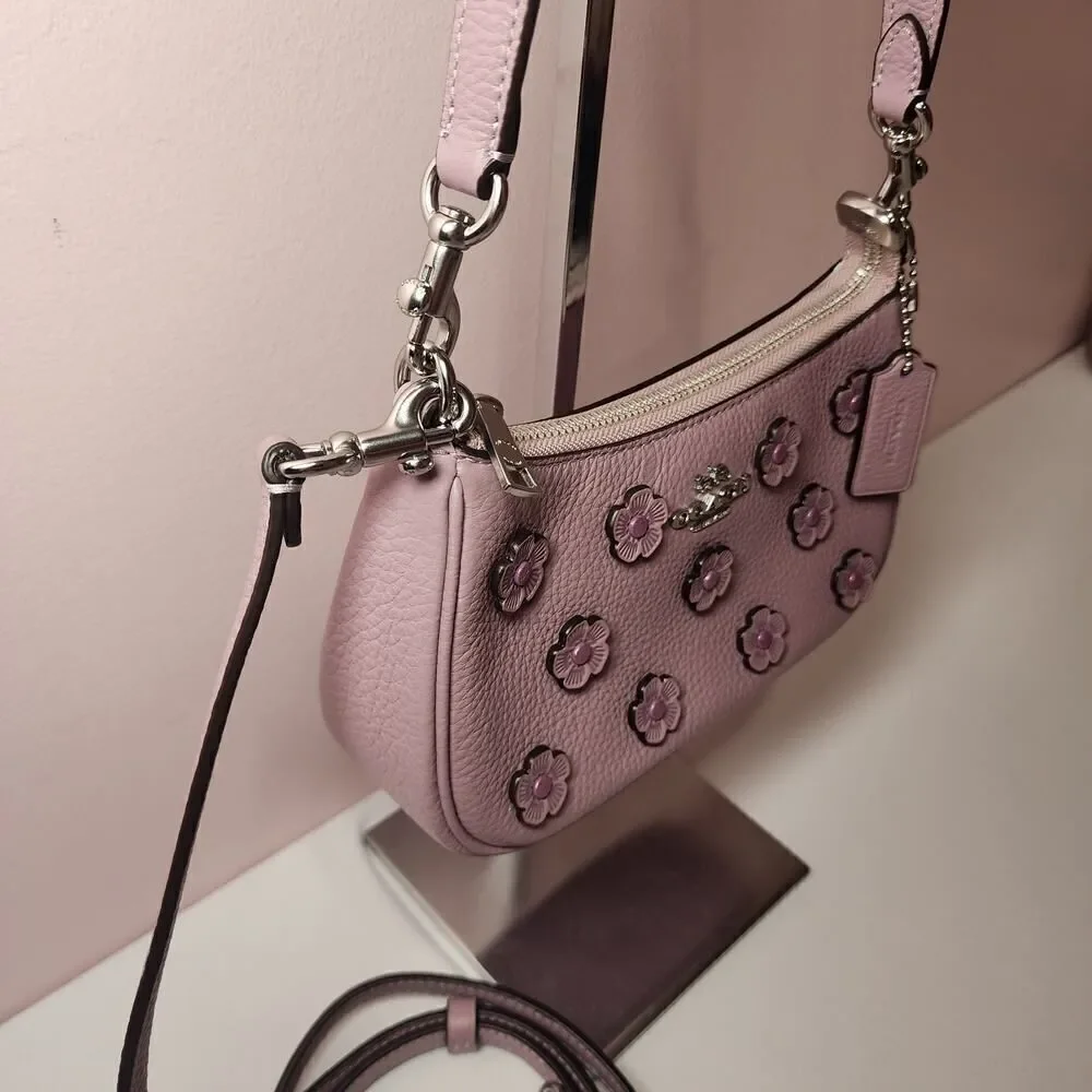 NWT Coach CAJ98 Teri Mini Crossbody Bag With Floral Applique Silver/Lilac